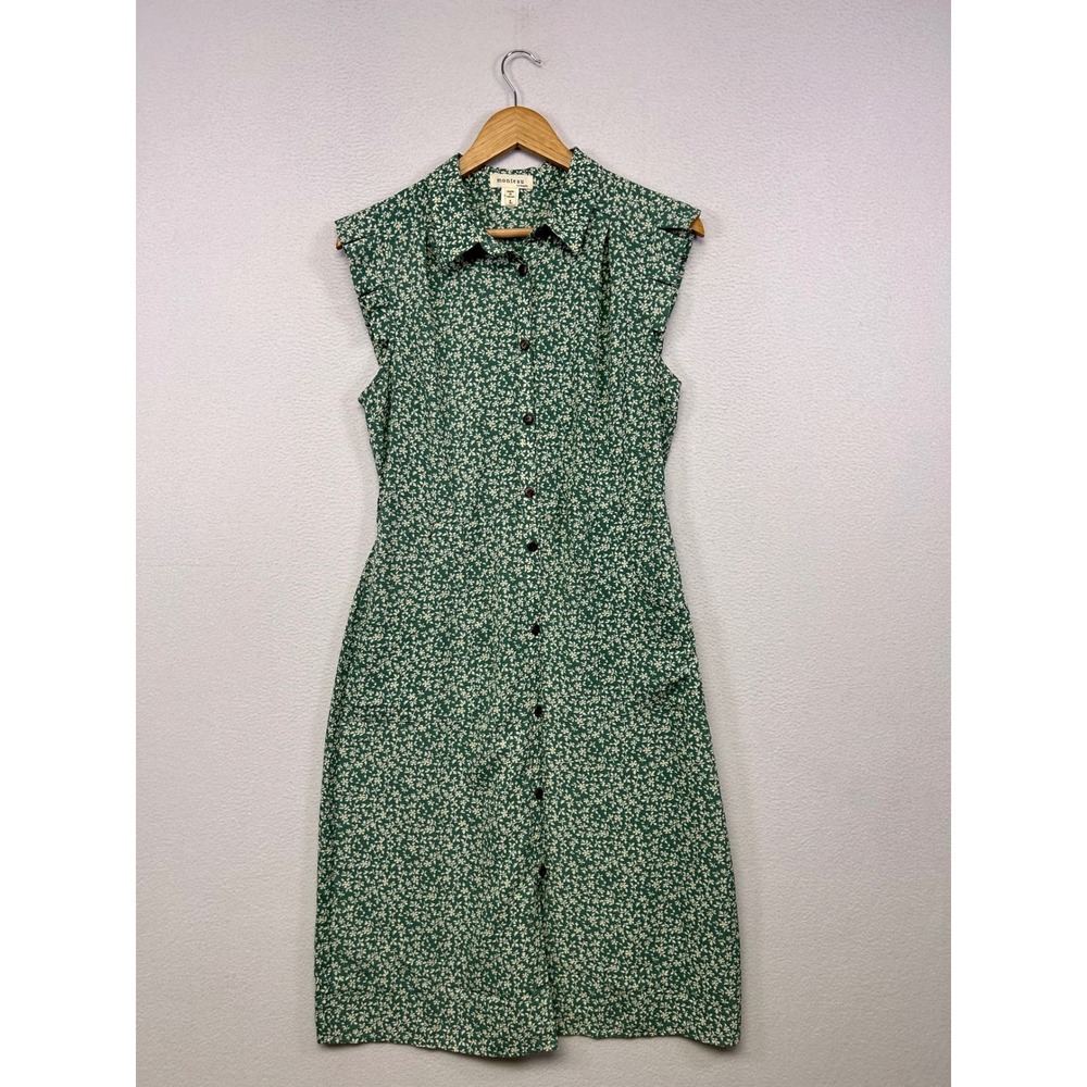 Cottagecore Boho Monteau Women Large Green Ditsy Floral Button Front Midi Dress